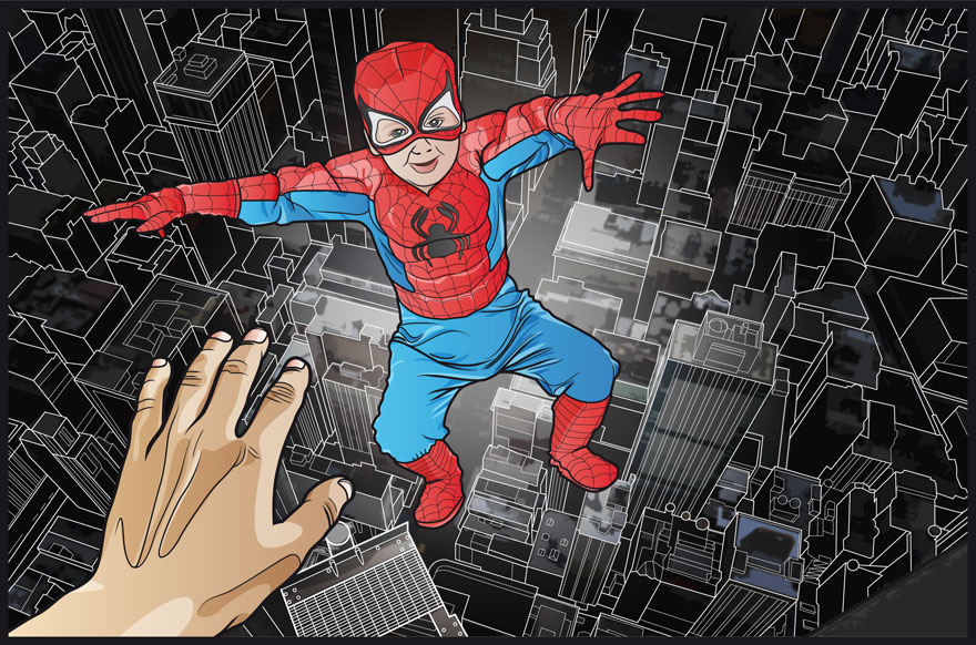 Illustration d'un enfant se faisant éjecter du haut d'un immeuble